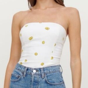 Reformation White Corset Top with Yellow Smiley Faces